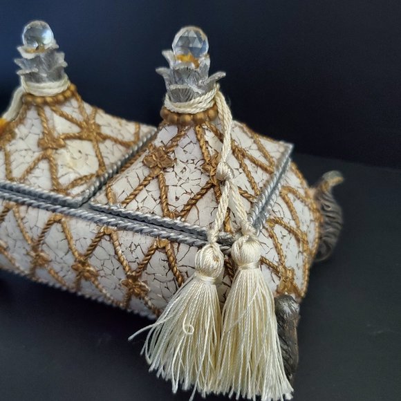 Dresser Top Trinket Chest w/ Finial Lids Footed Tassels Hand Painted Crackled - Picture 3 of 8